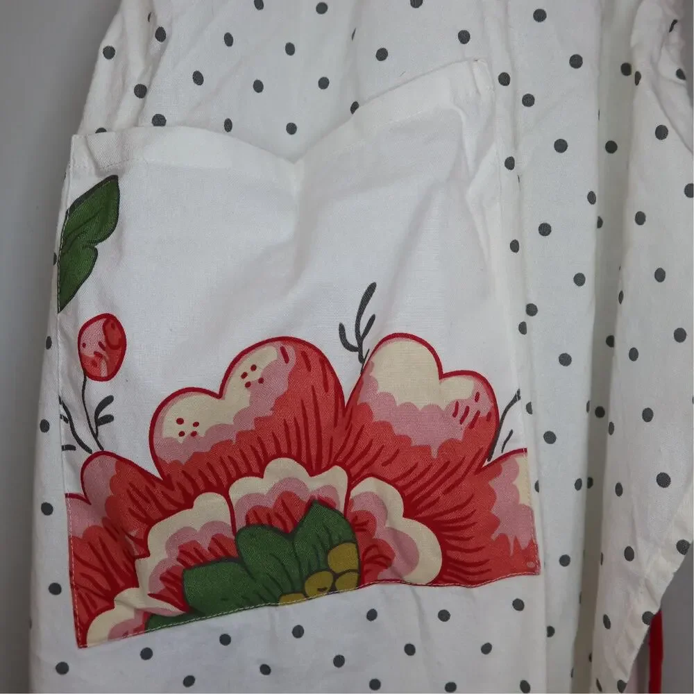 White Black Polka Dot Red Floral Pocket Vintage Style Apron